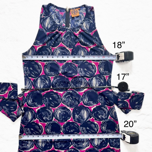 SOLD-Tory Burch Floral Print Belted Blue Pink Knee Length Sleeveless Dress - Picture 9 of 10